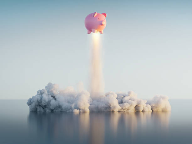 Piggy bank rocketing upwards symbolising accelerated growth